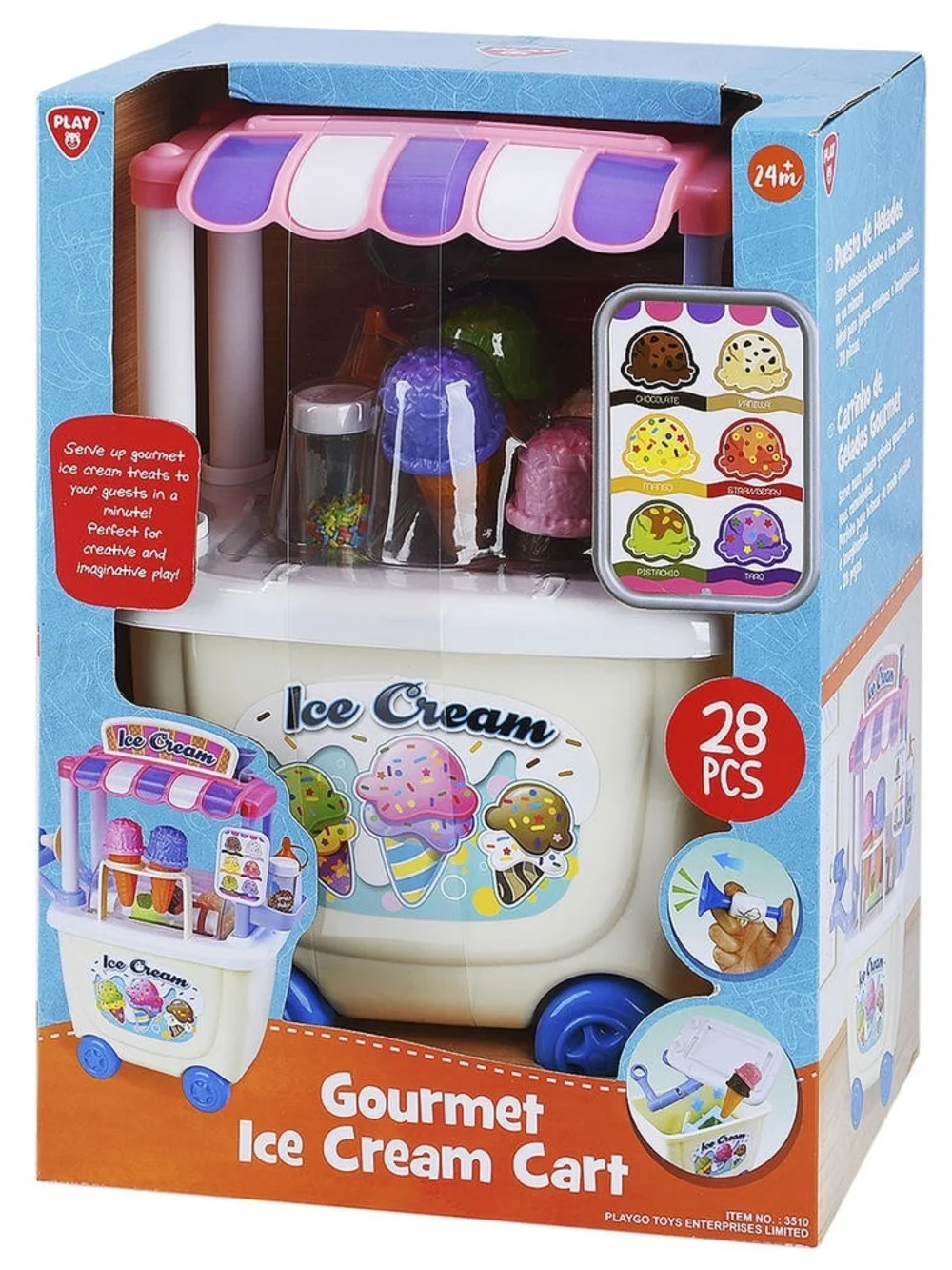 Kids Ice Cream Cart Playset - Pink & Cream Pretend Play